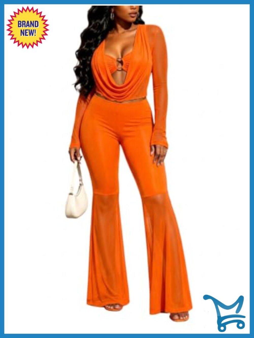 3 Piece Club Outfit Sheer Mesh Cowl Neck Bandeau Flare Pants Set
